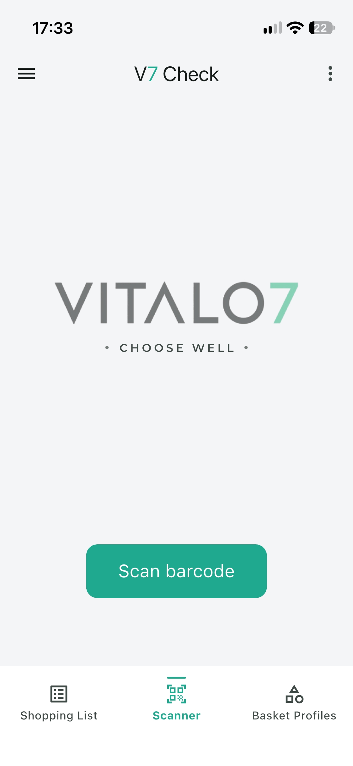 V7 Check app scanner screen with a Scan barcode button and tabs for Shopping List, Scanner, and Basket Profiles.